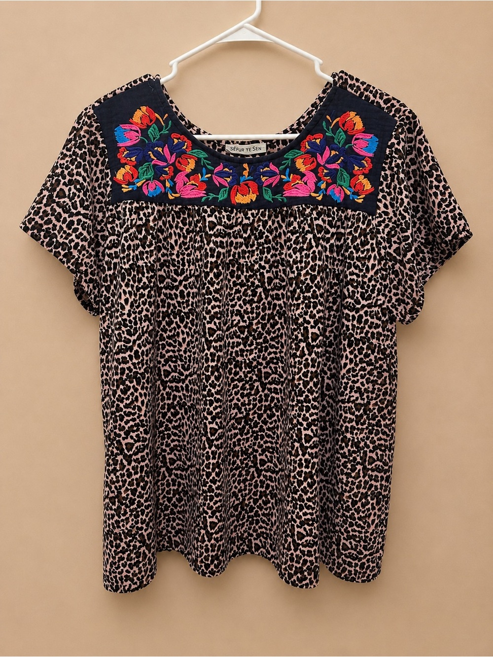 Embroidered Floral Yoke Leopard Print Tunic - Black/Tan